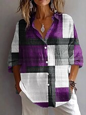 tanie Paski i geometryczne topy-Damskie Koszula Graficzny Geometryczny Kratka Zabytkowe Codzienny Elegancki Długi rękaw Kołnierzyk koszuli Zwykłe topy Praca Codzienny Święto Guziki Nadruk Wino Brudny błękit Fiołkowy Lato Wiosna