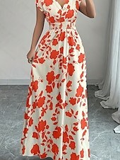 tanie Sukienki kwiatowe-Damskie Sukienka maxi Sukienka A line Urlop Codzienny Boho Na zewnątrz Wyjściowe Luźny / a Kwiaty Krótki rękaw W serek Czarny Czerwony Niebieski Pomarańczowy Lato