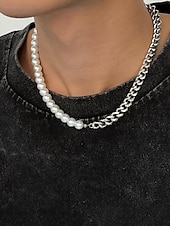tanie Biżuteria męska-męski zestaw biżuterii z pereł i łańcuszków – modny naszyjnik i bransoletka z pół perły, pół metalu na styl uliczny, hip-hopowy i imprezowy