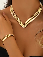 abordables Collier pour femme-Ensemble de bijoux géométriques plaqués or pour femmes - collier moderne en forme de V superposé et bracelet manchette ouvert pour dames, idéal pour les cocktails, les événements professionnels et les