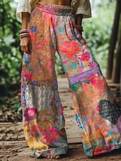 abordables jambe large et taille haute-Femmes Jambe large Pantalons Pantalon palazzo Mode Boho Longueur complète Taille haute Fleur Taille Élastique Imprimé Respirabilité Confortable Rue Tenue quotidienne Sortir Bleu Orange Vert Printemps