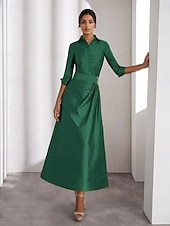 cheap Cocktail Dresses-Green Yellow A-Line Cocktail Dresses Elegant Formal Wedding Guest Ankle Length Long Sleeve Shirt Collar Taffeta with Slit
