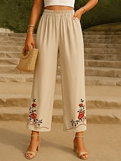 preiswerte Schlichte Hose aus Baumwollleinen-Damen Hose aus Baumwollleinen Chinos Ethno-Stil Basic Lässig Volle Länge Hohe Taille Blumen Bestickt Tasche Elastischer Bund Komfort Außenbereich Mikroelastisch Urlaub Straße Täglich Khaki Beige