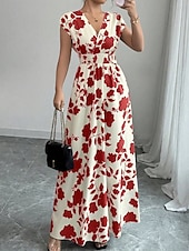 tanie Sukienki kwiatowe-Damskie Sukienka maxi Sukienka A line Urlop Codzienny Boho Na zewnątrz Wyjściowe Luźny / a Kwiaty Krótki rękaw W serek Czarny Czerwony Niebieski Pomarańczowy Lato