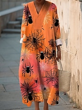 abordables Robe d&amp;#39;Halloween-Robe midi femme Halloween V en col Longue Manche Kaftan Légère Coupe Ample Robe Décontractée Robe Shift Décontractée Coupe Ample Graphique Longue Manche V en col Noir Jaune Rose Orange Automne