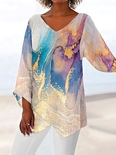 economico Top d&#039;Arte e Design per Donne-Per donna Blusa Ombre Grafico Astratto Vintage Tropicale Elegante Manica 3/4 Scollo a V Top Regolari Quotidiano Ferie Abbigliamento mare Stampato Oro rosa Verde chiaro Viola chiaro Estate Primavera