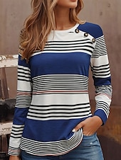 ieftine Tricou cu dungi și geometric-Pentru femei Tunică Tricou Grafic Geometric Dungi Epocă Stilat Clasic Manșon Lung Stil Nautic Rotund Topuri obișnuite Zilnic Ieșire Sfârșit de săptămână Nasturi Imprimeu Roșu-aprins Albastru piscin