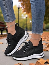 baratos Ténis de mulher-Tênis feminino flyknit com salto oculto, estilo esportivo com listras ousadas, perfeito para uso diário, caminhadas e passeios casuais