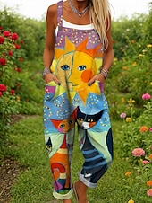 olcso nyomtatott jumpsuit-Női Overall Aktív Grafika Ujjatlan Széles lábszár Nyomtatott Vakáció Utca Laza öltözet Sárga Rubin Medence Nyár