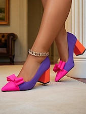 preiswerte 1950er Jahre-Damen-Pumps mit Schleife im Retro-Stil der 1950er Jahre im Farbblock-Stil – leuchtend rosa und lila Pumps mit Blockabsatz und spitzer Zehenpartie für Partys und Ausgehen &amp;Mode-Events