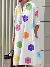 abordables Robes Floraux Imprimés-Femmes Robe Midi Robe Chemise Robe Décontractée Mode Moderne Quotidien Plage Week-end Coupe régulière Fleur manche longue Col de chemise Blanche Jaune Rose Claire bleu marine Printemps Automne