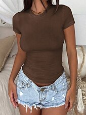 preiswerte Damen Einfache Oberteile-Damen T Shirt Einfach Mode Modern Kurzarm Rundhalsausschnitt Normale Oberteile Täglich Schwarz Leicht Braun Grau Sommer