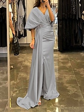 cheap YELLOW-Sheath Evening Gown Elegant Dress Formal Sweep / Brush Train Half Sleeve V Neck Satin with Pleats Ruched Crystals