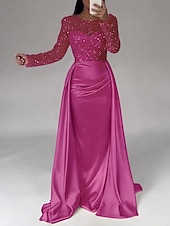economico Champagne-Abito da sera sirena in paillettes abito in satin champagne arricciato maniche lunghe masquerade lunghezza fino al pavimento scollo illusion con perle gonna sovrapposta