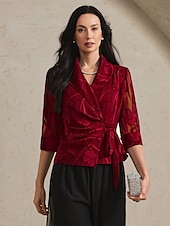 voordelige Elegante topjes-Dames Overhemd Blouse Bloemig Elegant Stijlvol 3/4 mouw V-hals Normale tops Werk Dagelijks strik voorkant Geklede tuniek Asymmetrisch Wijn Zomer Lente Herfst