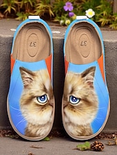 tanie Mokasyny i trzewiki damskie-Kolorowe, wsuwane buty damskie Cat by Kayomi Harai z nadrukiem kota – urocze, codzienne mokasyny dla miłośniczek kotów, idealne na co dzień, w podróż i na weekendowe wyjścia