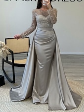 economico Champagne-Abito da sera sirena in paillettes abito in satin champagne arricciato maniche lunghe masquerade lunghezza fino al pavimento scollo illusion con perle gonna sovrapposta