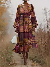 preiswerte Blumenkleid-Damen Midikleid Freizeitkleid Chiffon Schwingkleid Modern Urlaub Täglich Wochenende Normale Passform Blumen Karomuster Langarm V Ausschnitt Dunkelgrün Purpur Grün Sommer Frühling Herbst