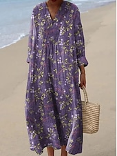preiswerte Blumenkleider-Damen Maxikleid Sommerkleid A Linie Kleid Urlaub Lässig Boho Party Ausgehen Strand Blumen Grafik Langarm V Ausschnitt Schwarz Rosa Rote Purpur Sommer Frühling