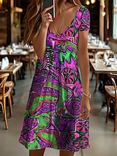 preiswerte Kunst &amp; Design Kleider-Damen Minikleid Strickkleid Freizeitkleid T-Shirt-Kleid Sommerkleid Elegant Urlaub Lässig Strand Normale Passform Grafik Geometrisch Abstrakt Kurzarm V Ausschnitt Gelb Blau Purpur Orange Sommer