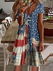abordables Robes Floraux Imprimés-Femmes Mini Robe Robe Décontractée Robe d&#039;été Mode Moderne Quotidien Plage Week-end Coupe régulière Drapeau national Manche Courte Col en V Bleu Bleu de minuit Printemps Automne