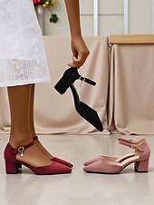abordables Block Heels-Escarpins à talons compensés en daim rose pour femme, avec bride à la cheville – élégants escarpins à bout pointu et détails charmants pour mariages, fêtes et tenues de bureau