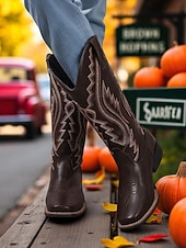 cheap Cowboy &amp; Western Boots-Women's Western Cowboy Boots with Embroidered Stitching – Faux Leather Mid-Calf Boots for Fall Festivals, Farm Work &amp; Country Outfits