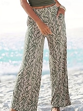 abordables jambe large et taille haute-Femmes Jambe large Slacks Streetwear Occasionnel Longueur complète Naturel Fleur Avec Poches Imprimé Doux Fête Week-end Vert Automne Coupe régulière
