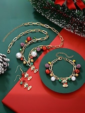baratos Colar Feminino-Conjunto de joias com pingentes de Natal para mulheres - colar de corrente de ouro, pulseira e brincos com sino festivo e pingentes de pérola, acessórios elegantes para festas de fim de ano para