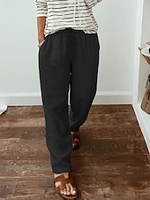 baratos Calça de linho de algodão simples-Mulheres Calças de linho de algodão Calças Roupa de rua Casual Longas Cintura Alta Tecido Bolsos Design de cordão elástico Corte alto Respirabilidade Macio Micro-Elástica Rua Roupa Diária Preto
