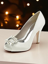 クリスタルバックル付きレディースサテンピープトゥパンプス - カクテルパーティーや夜のイベントに最適な、クラシックな女性用ハイヒールドレスシューズ お買い得  カクテル-クリスタルバックル付きレディースサテンピープトゥパンプス - カクテルパーティーや夜のイベントに最適な、クラシックな女性用ハイヒールドレスシューズ