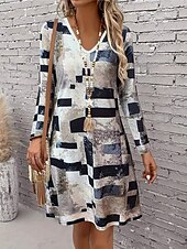 tanie Sukienka w paski i geometryczna-Damskie Sukienka mini Codzienne sukienki Sukienka letnia Sukienka A line Elegancki Codzienny Regularny Graficzny Geometryczny Długi rękaw W serek Ice Blue Żółty Wino Brudny błękit Wiosna Jesień