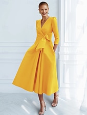 preiswerte Cocktailkleider-A-Linie Cocktailkleider Elegantes Kleid Formal Knöchellang 3/4-Ärmel V-Ausschnitt Tasche mit Schleife(n) Rüschendresses