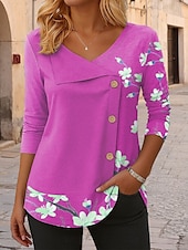 abordables T-shirt floral-Femmes Chemisier Fleuri Graphique ancien Tropical Élégant manche longue Col en V Hauts Réguliers Quotidien Patchwork Boutons Imprimé Rose Claire Bleu Violet Vert Printemps Automne Hiver