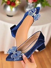 voordelige Pumps met blokhak-Blauwe fluwelen pumps met blokhak en strass-strik voor dames - elegante vintage pumps met vierkante neus voor avondfeesten, bruiloften en formele gelegenheden