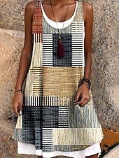 preiswerte Streifen- und geometrisches Kleid-Damen Minikleid T-Shirt-Kleid Sommerkleid A Linie Kleid Urlaub Lässig Boho Täglich Lässiger Schnitt Grafik Geometrisch Karomuster Ärmellos Rundhalsausschnitt Khaki Sommer Frühling Herbst