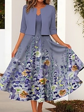 preiswerte Blumenkleid-Damen Kleid-Set A Linie Kleid Sommerkleid Lässig Halbformelle Kleider Ombre Blumen Druck Midikleid Halbarm V Ausschnitt Urlaub Date Rosa Blau Purpur Sommer Frühling Normale Passform