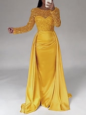 economico Champagne-Abito da sera sirena in paillettes abito in satin champagne arricciato maniche lunghe masquerade lunghezza fino al pavimento scollo illusion con perle gonna sovrapposta