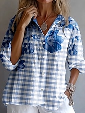 abordables Tops à Rayures et Géométriques pour Femmes-Femmes Chemise Graphique Plaid Rayé ancien Tropical Quotidien manche longue Col de chemise Hauts Réguliers Travail Quotidien Boutons Imprimé Bordeaux Rose Claire Bleu clair Été Printemps