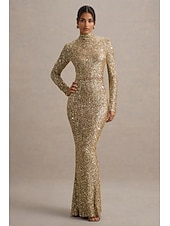 economico Abiti da sera a tubino-Abito da sera elegante in velluto dorato con paillettes a sirena  tromba lungo maniche lunghe collo a finto collo con glitter