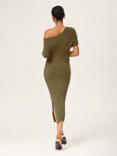 economico Abiti floreali-abito lungo aderente monospalla in maglia verde oliva