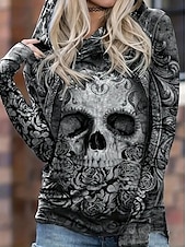 economico Top di Halloween-Per donna Felpa con cappuccio Grafico Teschio Halloween Caldo Vintage Moda Manica Lunga Con Cappuccio Top Regolari Streetwear Abbigliamento Quotidiano Casuale Stampato Nero Blu Estate Autunno Inverno