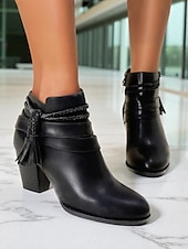 abordables Cowboy et bottes occidentales-Bottines en similicuir noir pour femme avec bride tressée à pompon - Bottines à talons épais de style western confortables pour les tenues d&#039;automne, les looks bohèmes et les tenues de tous les jours