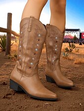 cheap Cowboy &amp; Western Boots-Women&#039;s Brown Western Cowboy Boots with Star Embroidery - Comfortable Block Heel Ankle Boots for Country Music Festivals, Outdoor Events, and Everyday Wear