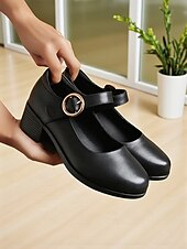 levne Block Heels-Dámské Podpatky Bílé boty Kancelář Práce Přezky Blokovat patu Oblá špička Pohodlné Chůze Kůže Spona Černá Béžová