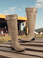 abordables Cowboy et bottes occidentales-Bottes de cowboy en daim souples pour femmes - Bottes mi-mollet à boucle western avec talon bas, chaussures d&#039;équitation décontractées pour l&#039;extérieur et les festivals de musique
