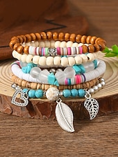 economico Bracciale da donna-Set di braccialetti con ciondoli a strati con perline boho da donna: bracciali in legno, turchese e pelle scamosciata in stile vintage con ciondoli a forma di foglia e geometrici, ideali per abbigliamento casual, festival e vacanze al mare