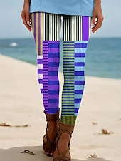 billiga -Dam Damasker Semester Vintage Etnisk Stil Fullängd Hög midja Grafisk Geometrisk Rutig 3D-utskrift Mateial som andas Mjuk Bekväm Hög Elasisitet Utomhus Hem Casual Violett Blå Regnbåge Sommar Vår Höst