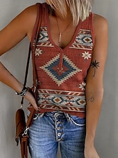 Femmes Débardeur caraco Graphique Géométrique Abstrait Bohème ancien Élégant Sans manches Col en V Hauts Réguliers Quotidien Imprimé Rouge Marron clair Vert Été Printemps abordables Débardeur Boho-Femmes Débardeur caraco Graphique Géométrique Abstrait Bohème ancien Élégant Sans manches Col en V Hauts Réguliers Quotidien Imprimé Rouge Marron clair Vert Été Printemps