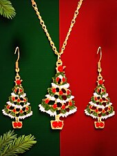 abordables Collier pour femme-Ensemble de bijoux pour femme en forme de sapin de Noël avec collier pendentif en émail festif et boucles d&#039;oreilles pendantes - accessoires de fête pour les fêtes de Noël et les cadeaux